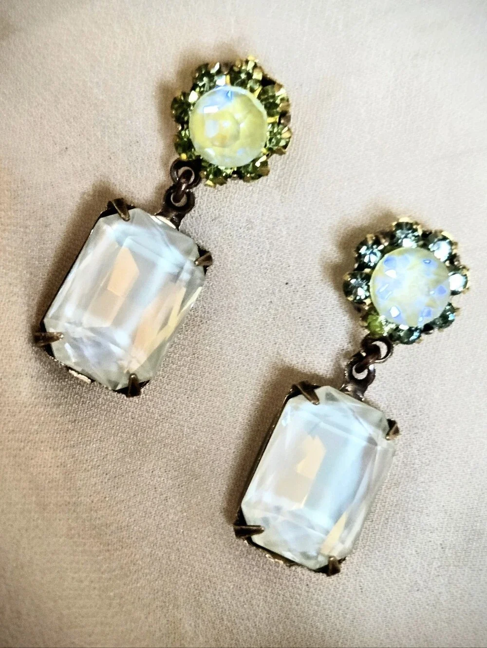 Bright Apple Green Crystals W/ Flower In Octagon Antique Bronze Artisan Earrings
